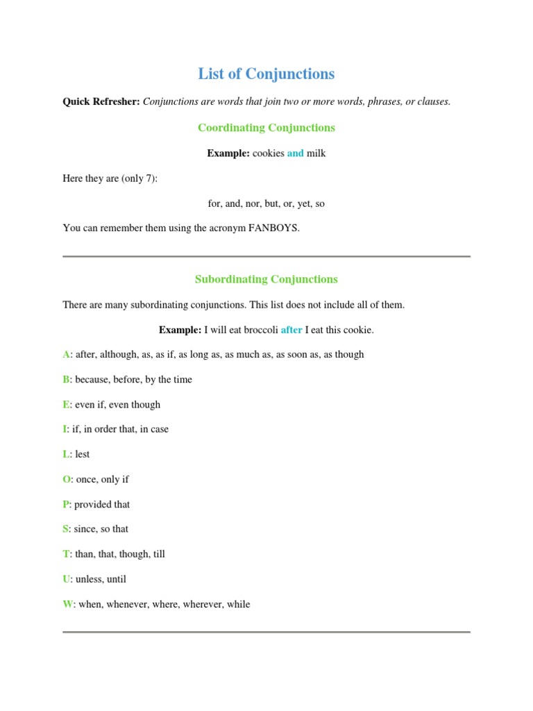 Comprehensive List of Conjunctions | PDF