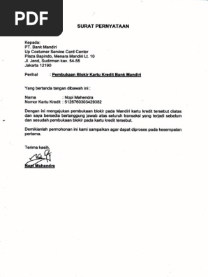 Surat Pernyataan Buka Blokir Kartu Kredit Pdf
