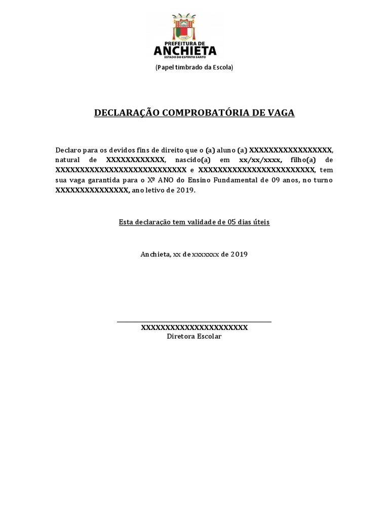Declaração de Vaga Escolar para Aluno | PDF