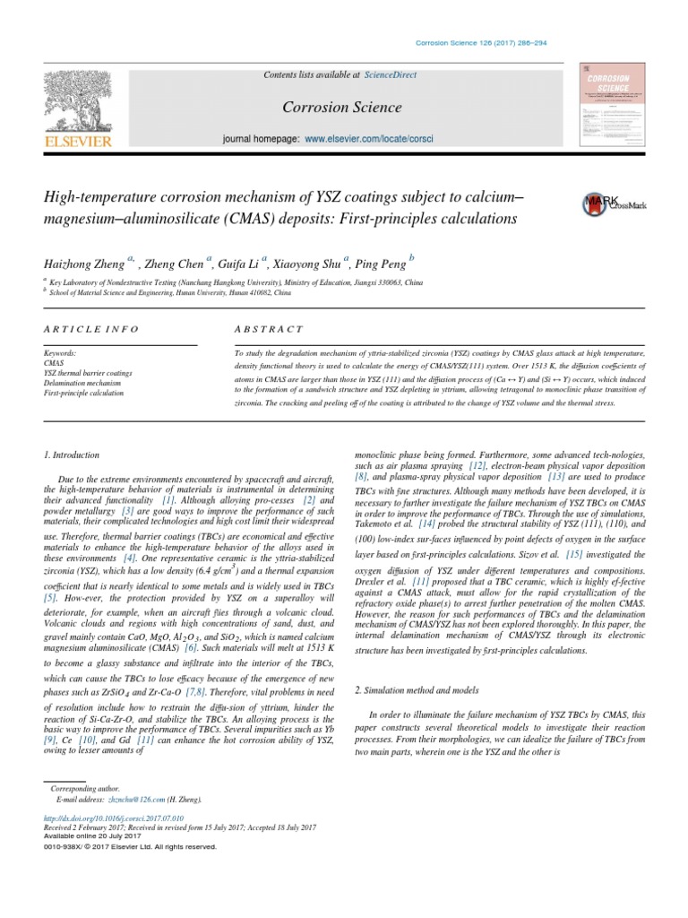 HighTemperature Corrosion Mechanism of YSZ Coatings Subject To Calcium