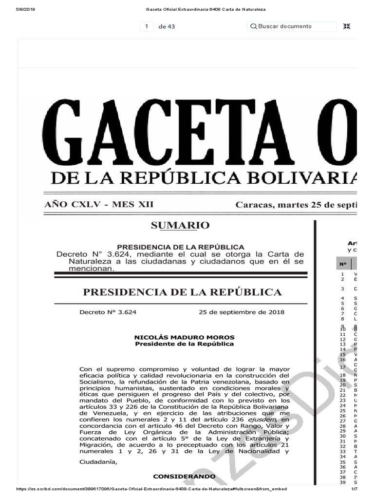 Gaceta Oficial Extraordinaria 6408 Carta de Naturaleza | PDF | Esfera ...