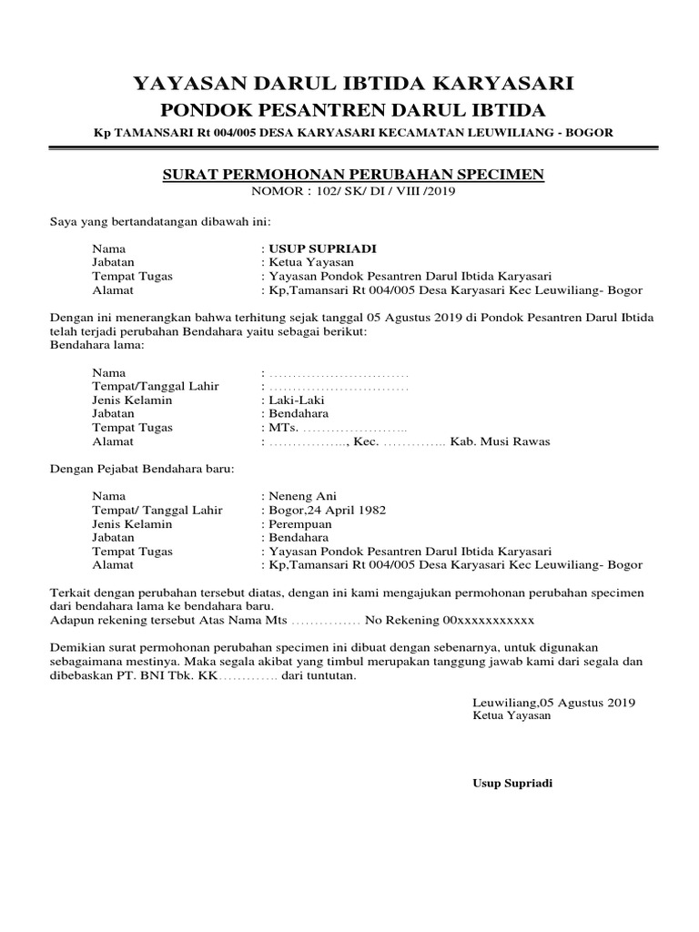 Surat Permohonan Perubahan Specimen Bank PDF
