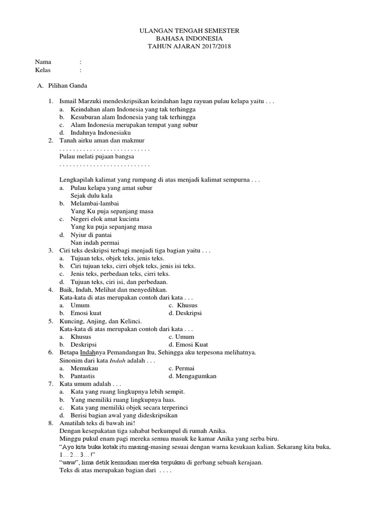 Ulangan Tengah Semester Bahasa Indo Pdf