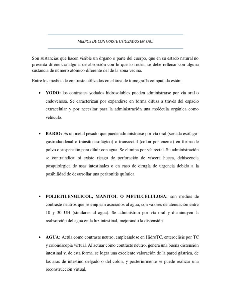 Medios de Contraste en TAC: Tipos y Uso | PDF | Ct Scan | Inyección ...