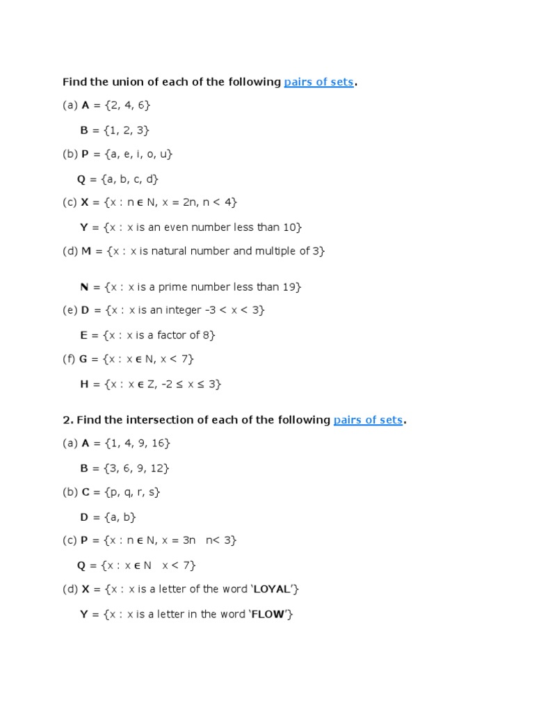 Find The Union Of Each Of The Following Pdf Mathematical Concepts Combinatorics