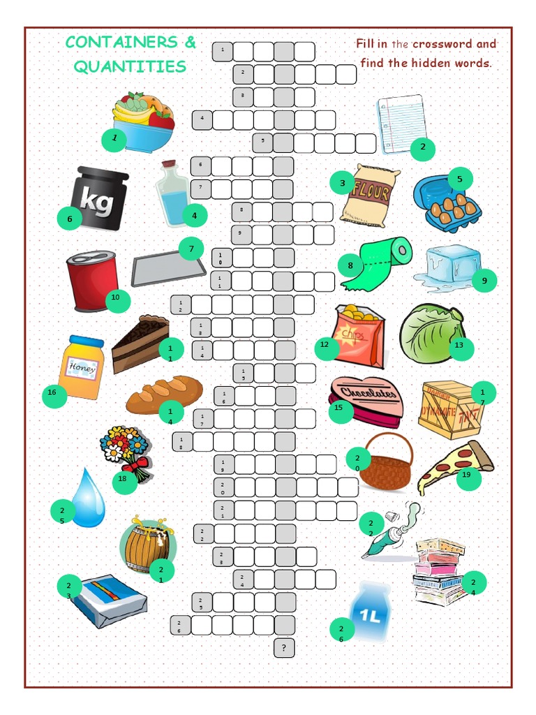 Containers Quantities Crossword Puzzle Crosswords Icebreakers Oneonone Activities Tests W