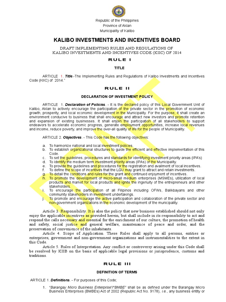 Kalibo Investments Code Regulations 2014 | PDF | Incentive | Board Of ...