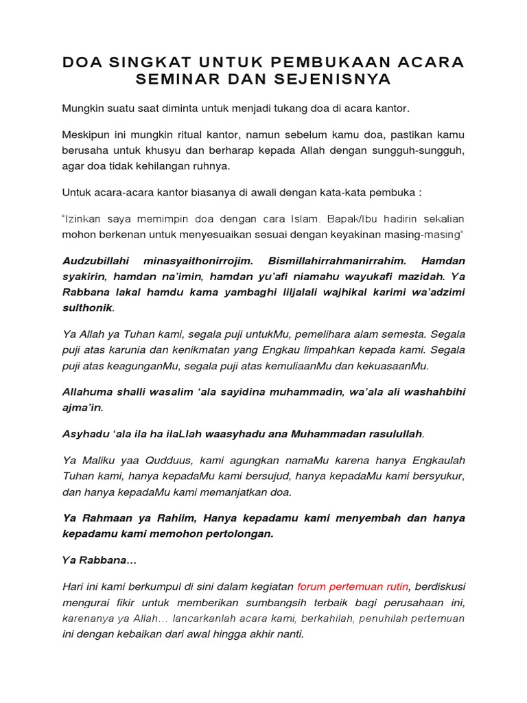 Doa Singkat Untuk Pembukaan Acara Pertemuan Rutin Perusahaan