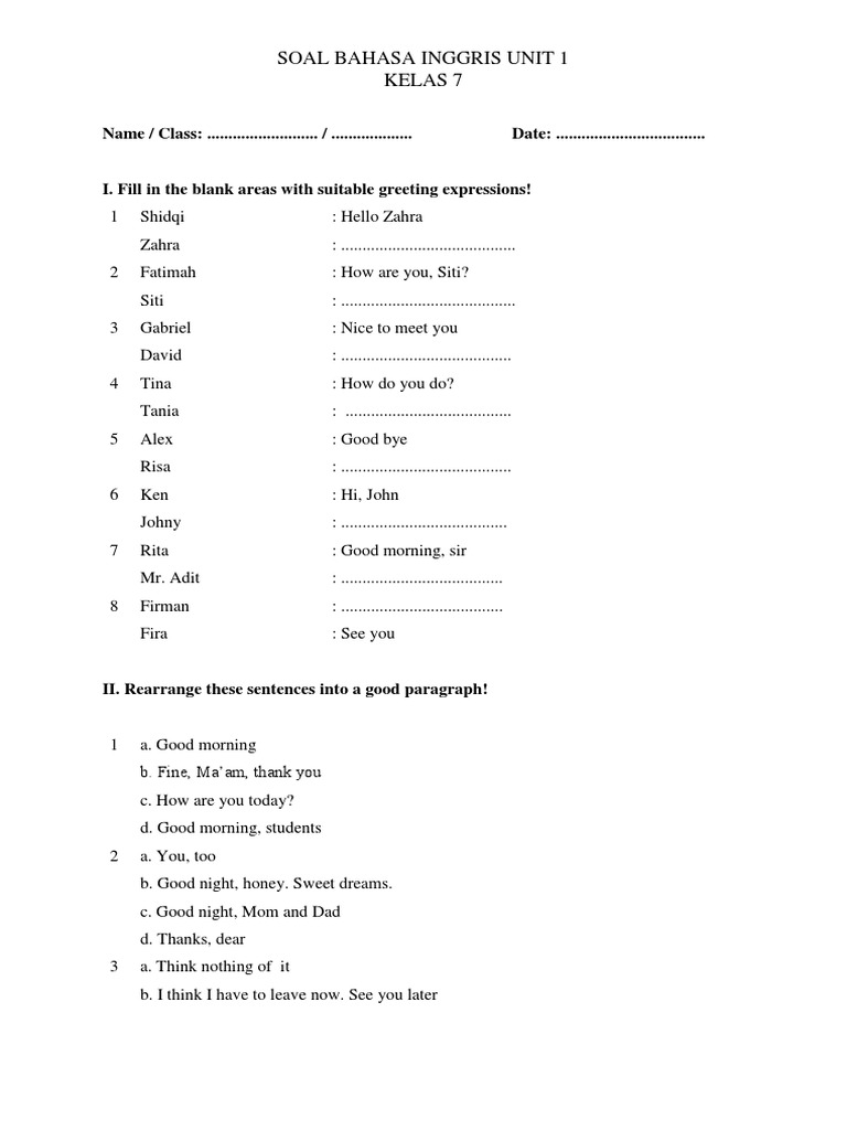 Soal Bahasa Inggris Unit 1 Kelas Vii Pdf