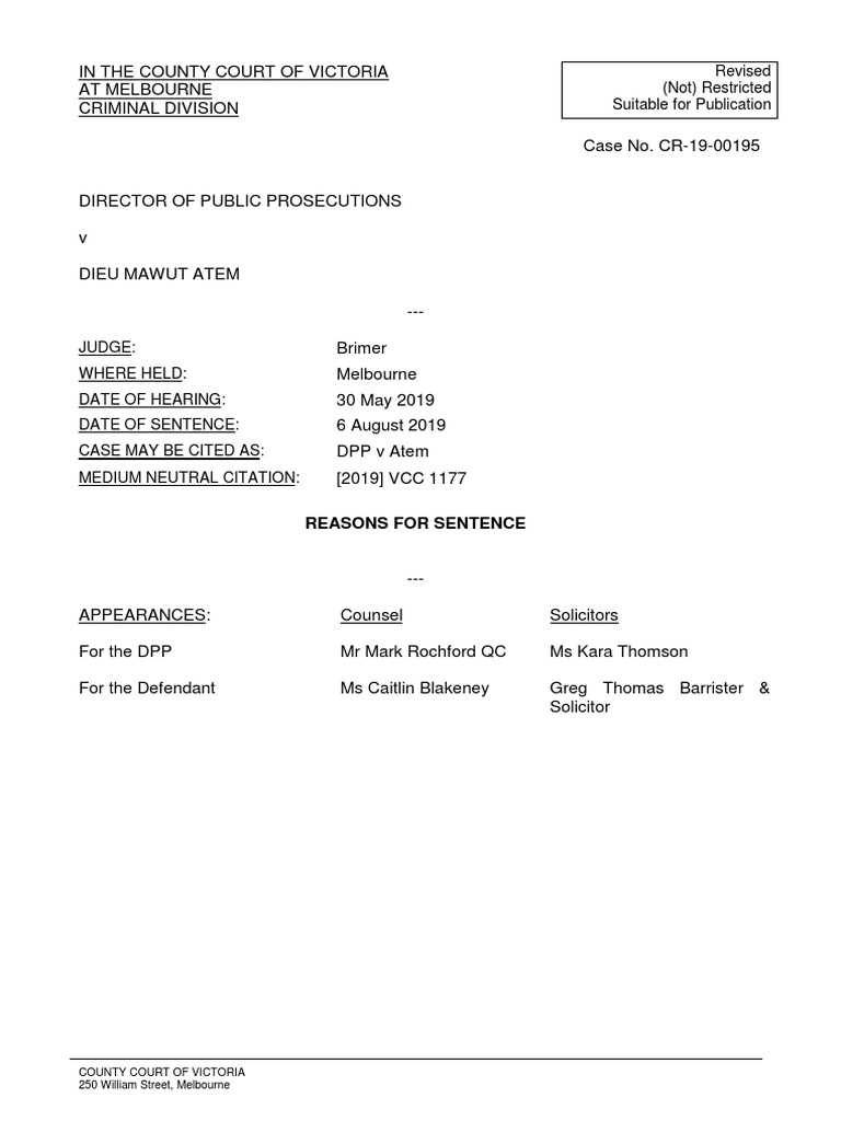 DPP v Atem: Sentencing Remarks Summary | PDF | Sentence (Law) | Prison