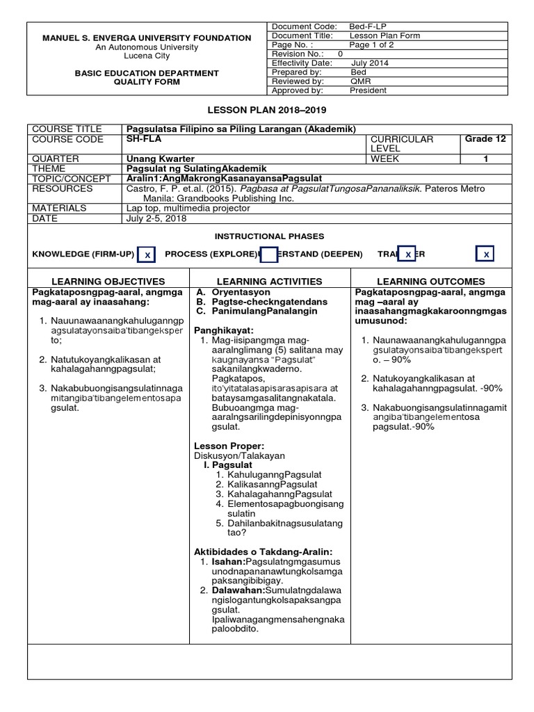 W1 Makrong Kasanayan Lesson Plan Educational Psychology