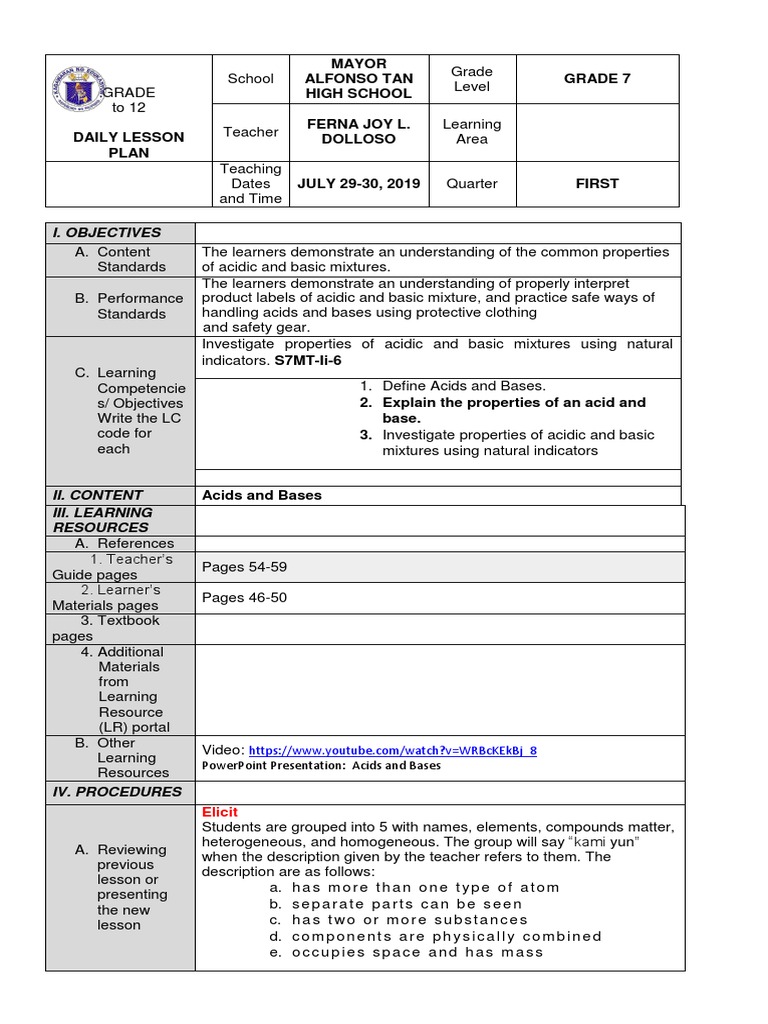 Grade 7 Acids and Bases Lesson Plan | PDF | Ph | Taste