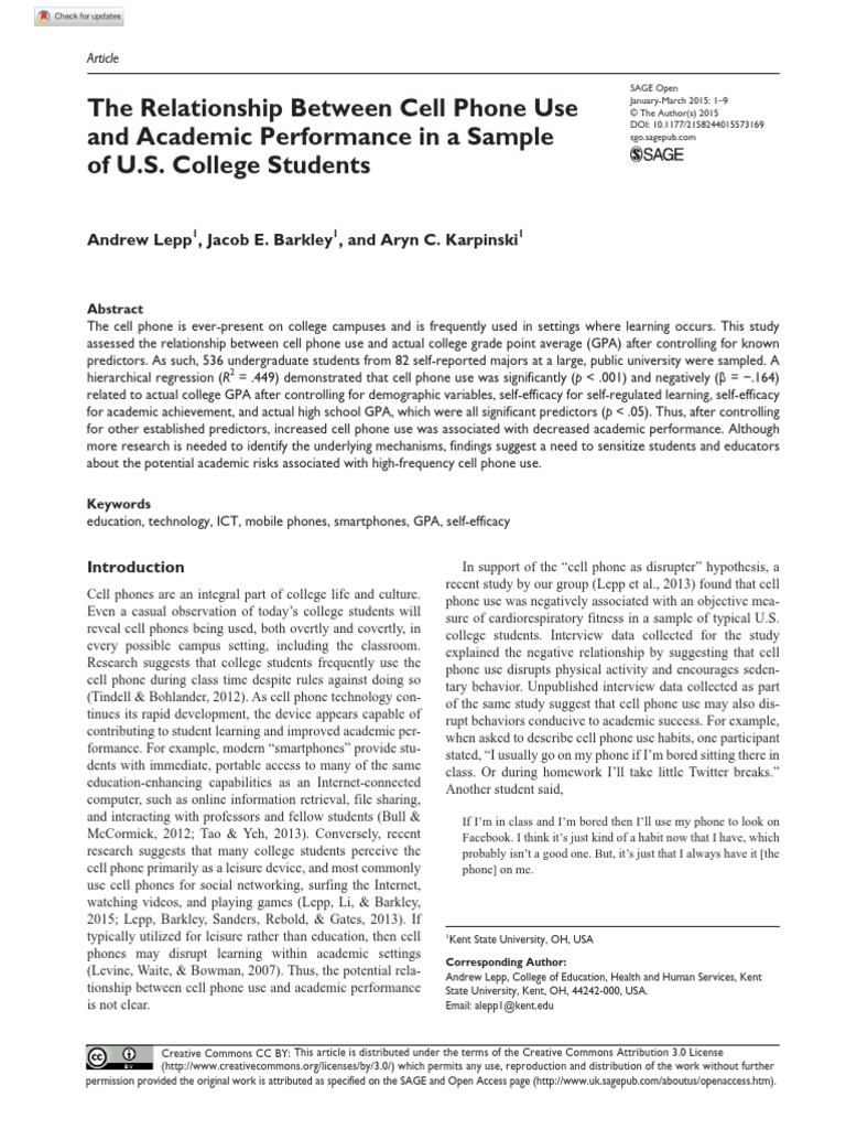 The Relationship Between Cell Phone Use and Academic Performance in A ...
