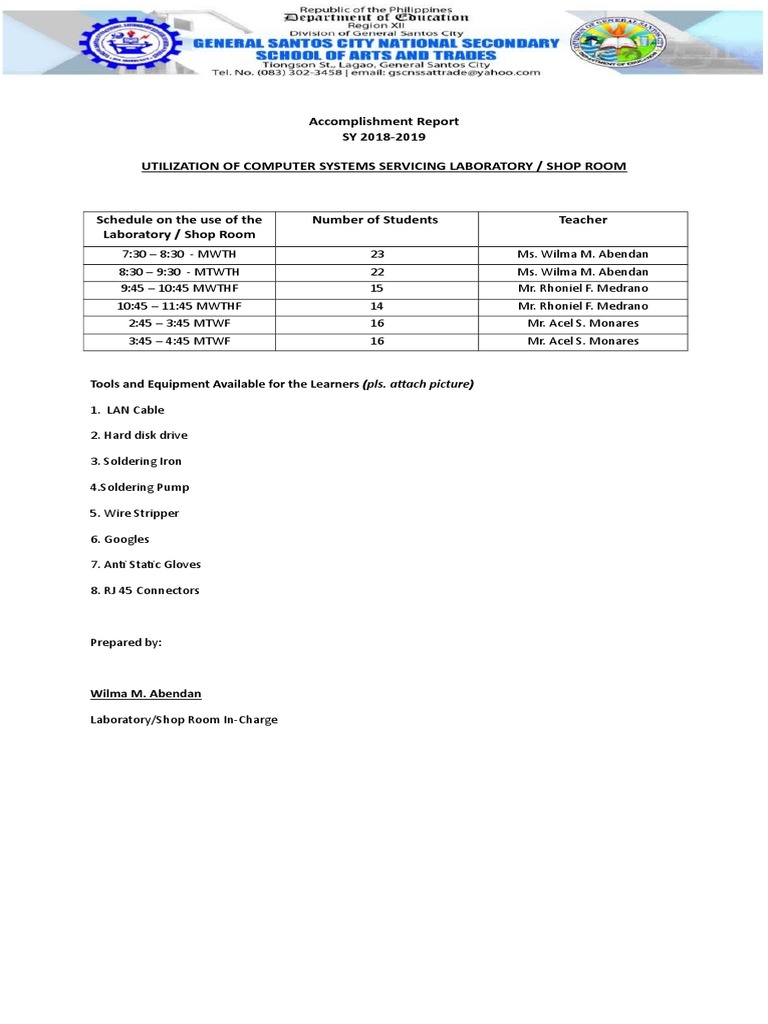 Accomplishment Report TVL Lab - In-Charge | PDF