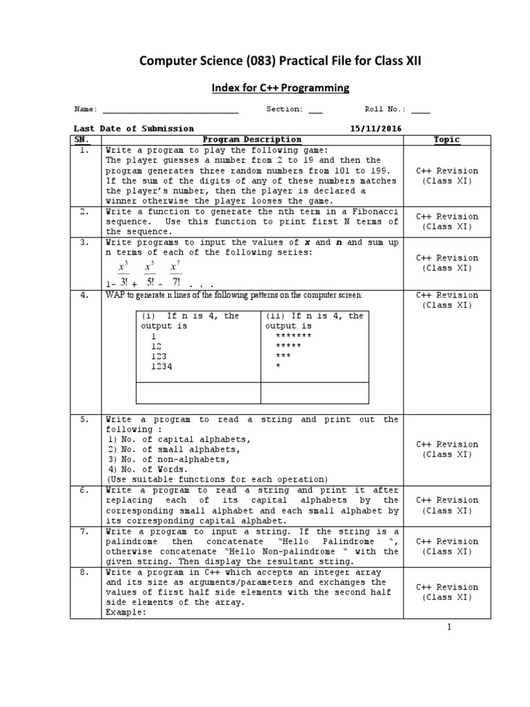 C++ Practical File for Class XII | PDF | Constructor (Object Oriented ...