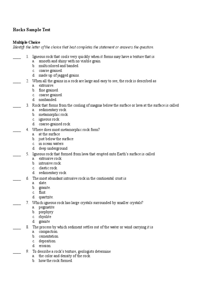 Rocks Sample Test: Multiple Choice | PDF | Rock (Geology) | Sedimentary ...