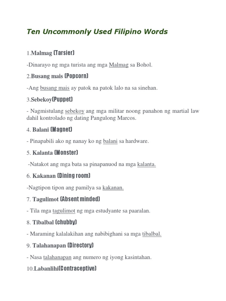 Most Uncommonly Used Filipino Words