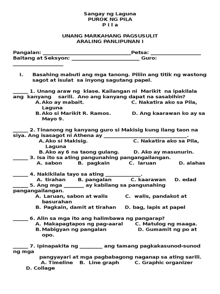 grade 1 unang markahang pagsusulit sa araling panlipunan i pdf