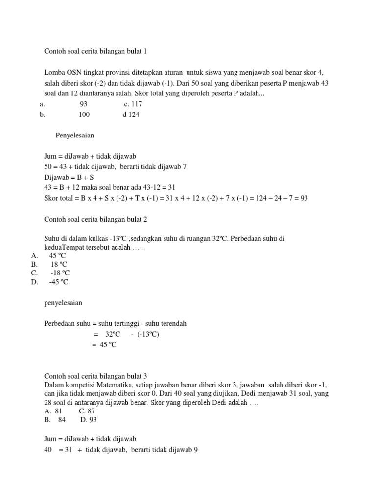 Contoh Soal Cerita Bilangan Bulat 1 Docx