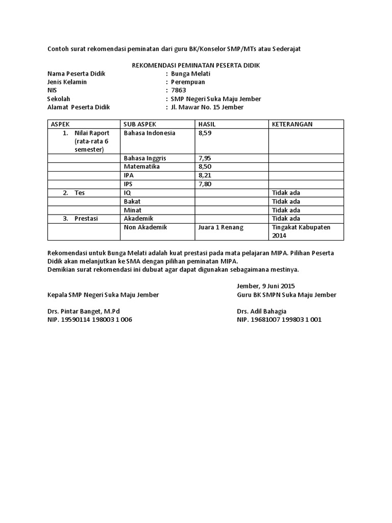 320339802 Contoh Surat Rekomendasi Peminatan Dari Guru Bk Docx