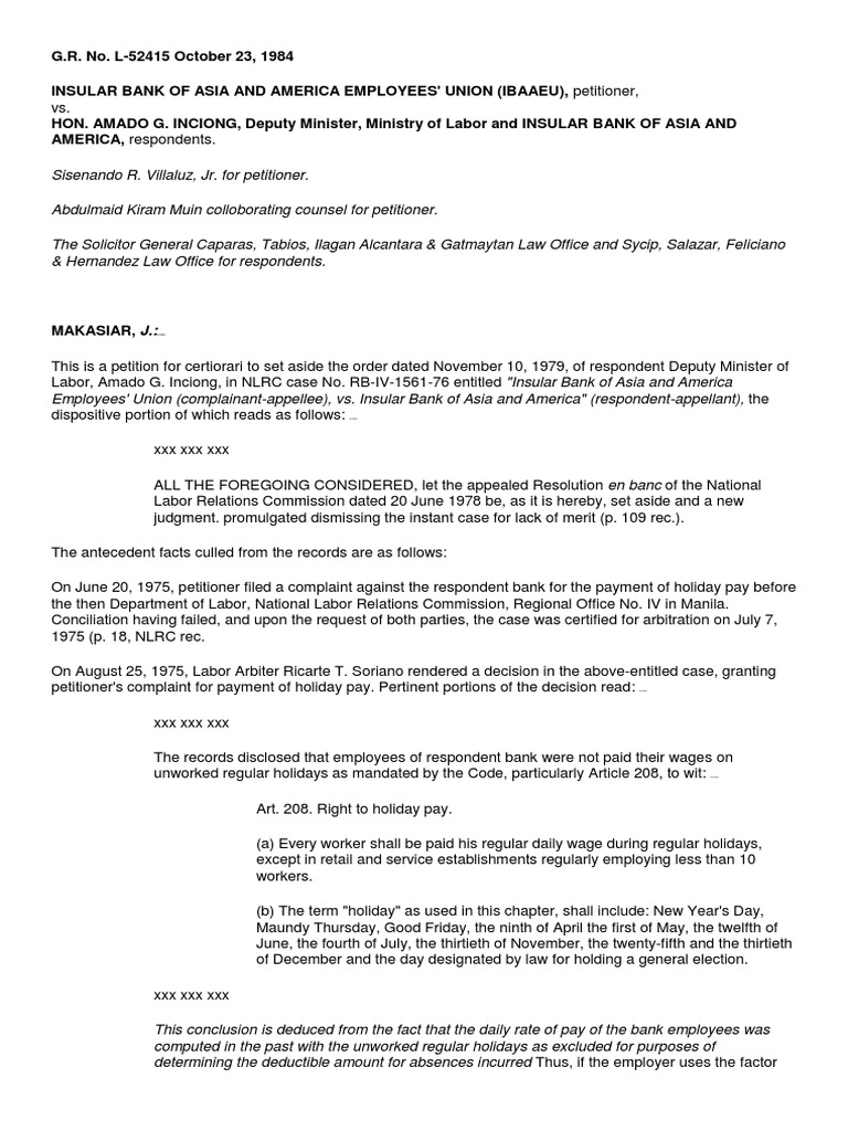 Analysis of a Labor Dispute Regarding Holiday Pay Between a Bank