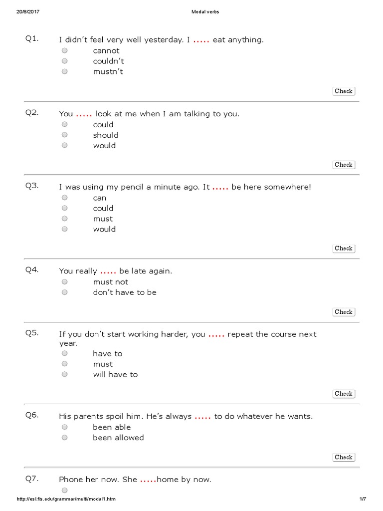 Modal Verbs Exercises Pdf Syntax Grammar