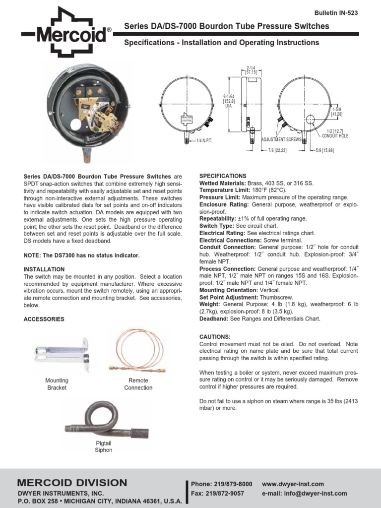 Series DA/DS7000 Bourdon Tube Pressure Switches Specifications