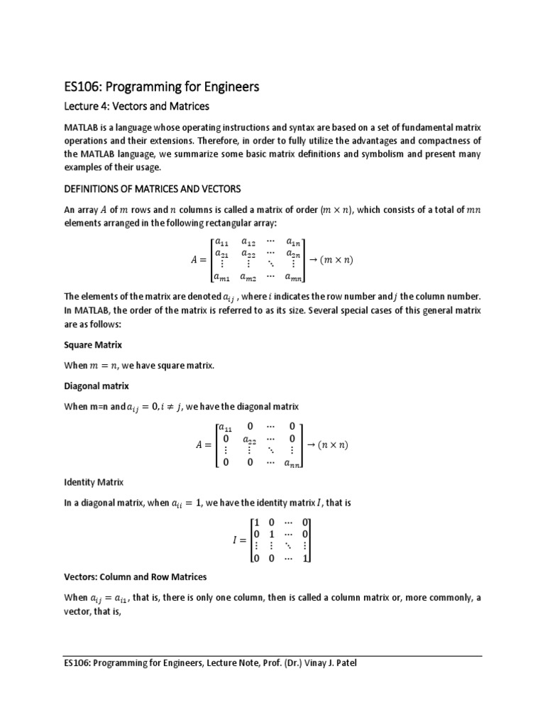 Lecture 4, Vectors and Matrices-1 | PDF | Matrix (Mathematics ...