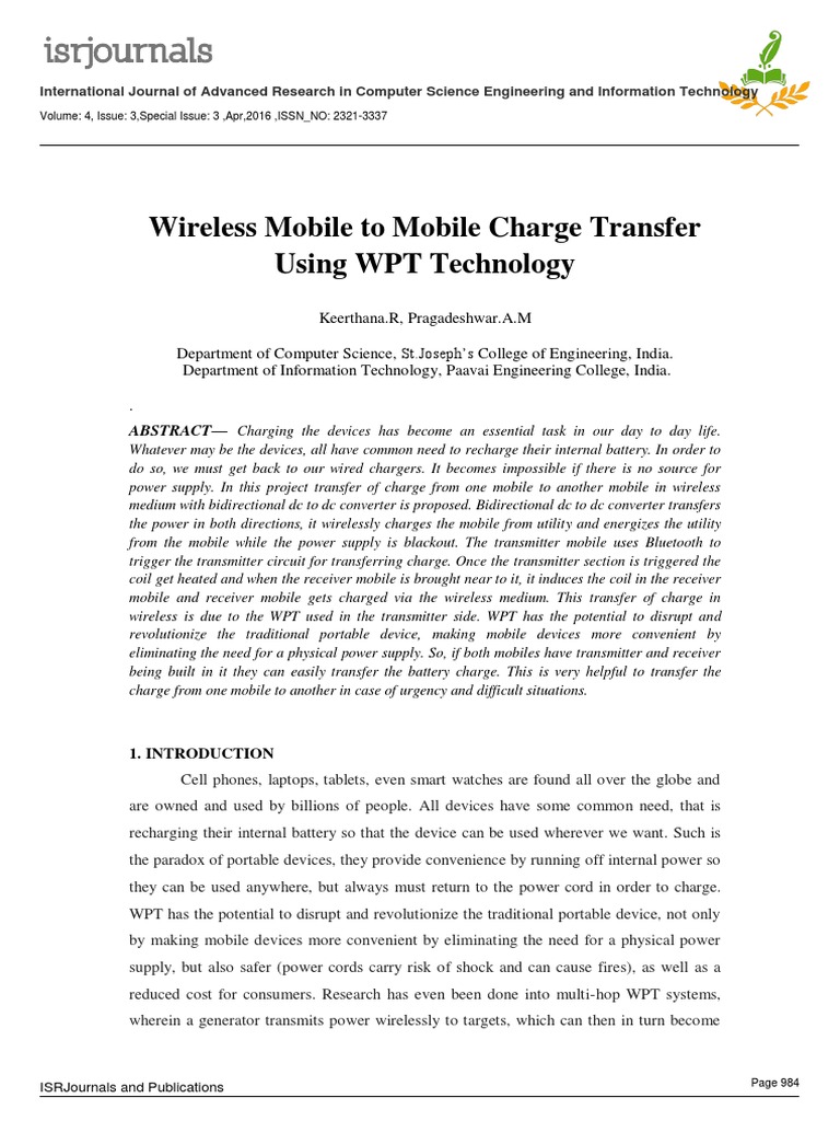 Wireless Mobile To Mobile Charge Transfer Using WPT Technology | PDF ...