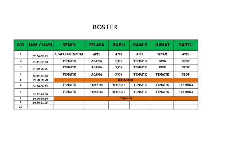 Roster: No Jam / Hari Senin Selasa Rabu Kamis Jumat Sabtu | PDF