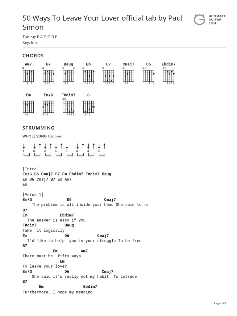 50 Ways To Leave Your Lover Guitar Tabs Song Structure Recorded Music