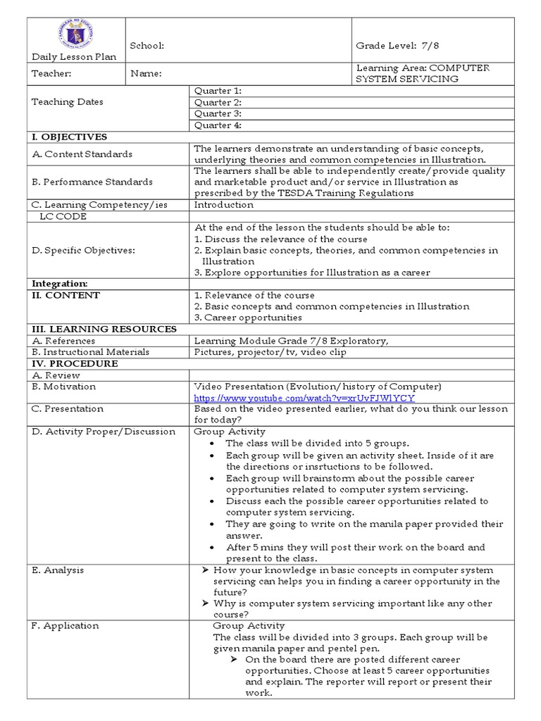 7/8 Computer System Servicing Lesson Plan | PDF | Lesson Plan | Learning