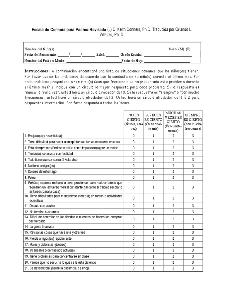 Escala de Conners para Padres PDF Violencia Agitación
