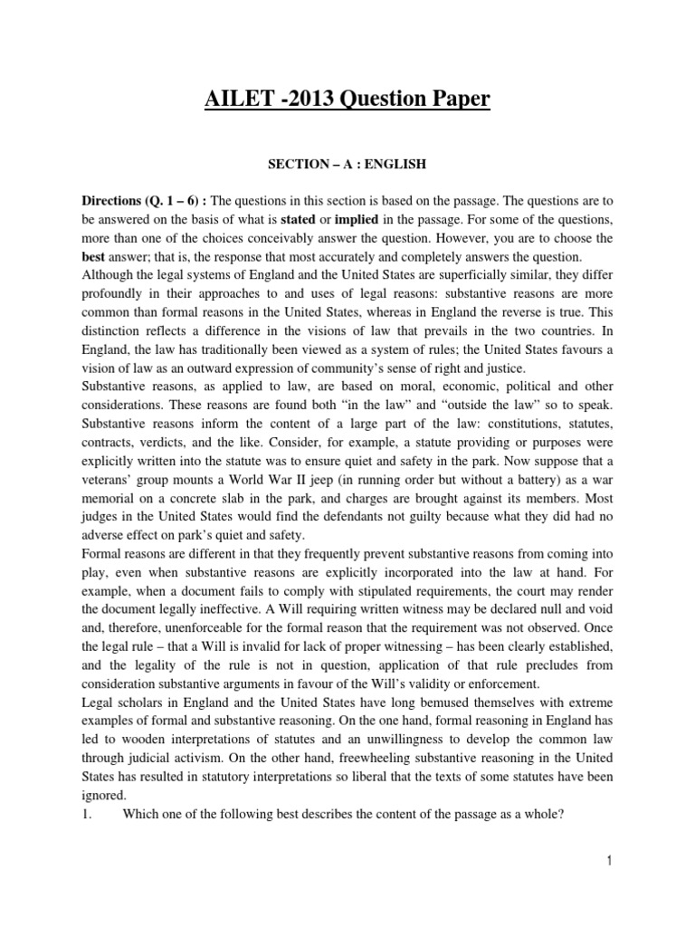 AILET 2013 English Question Paper Analysis | PDF | Negligence | Damages