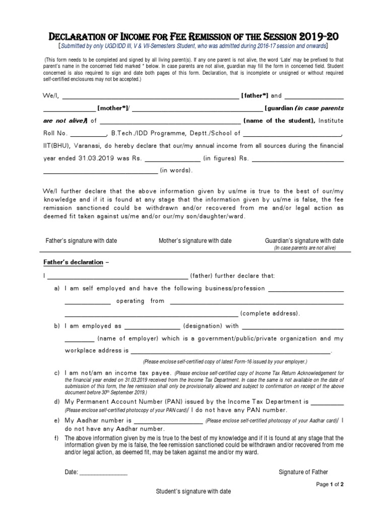 Fee Remission Income Declaration Form | PDF | Payments | Government ...