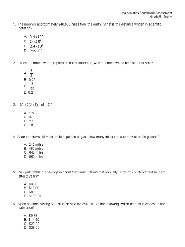 Mathematics Benchmark Assessment Grade 8 - Test A | PDF | Plane ...