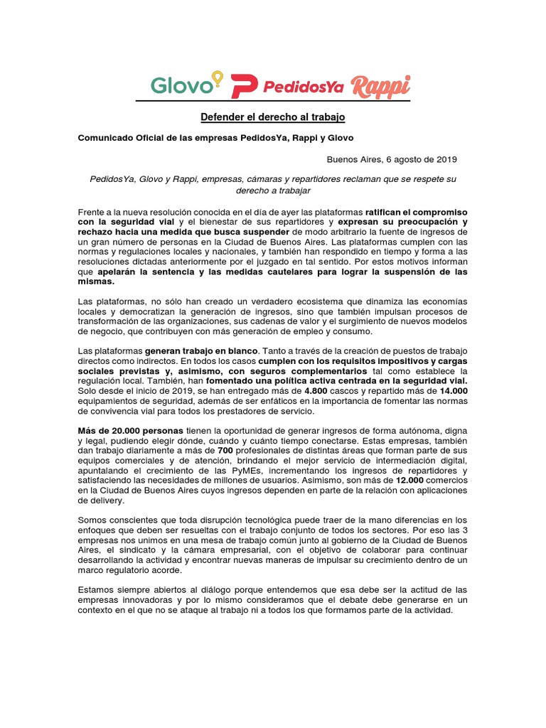 Rappi Glovo Y Pedidos Ya Defender El Derecho Al Trabajo 06 08 19 Buenos Aires Economias