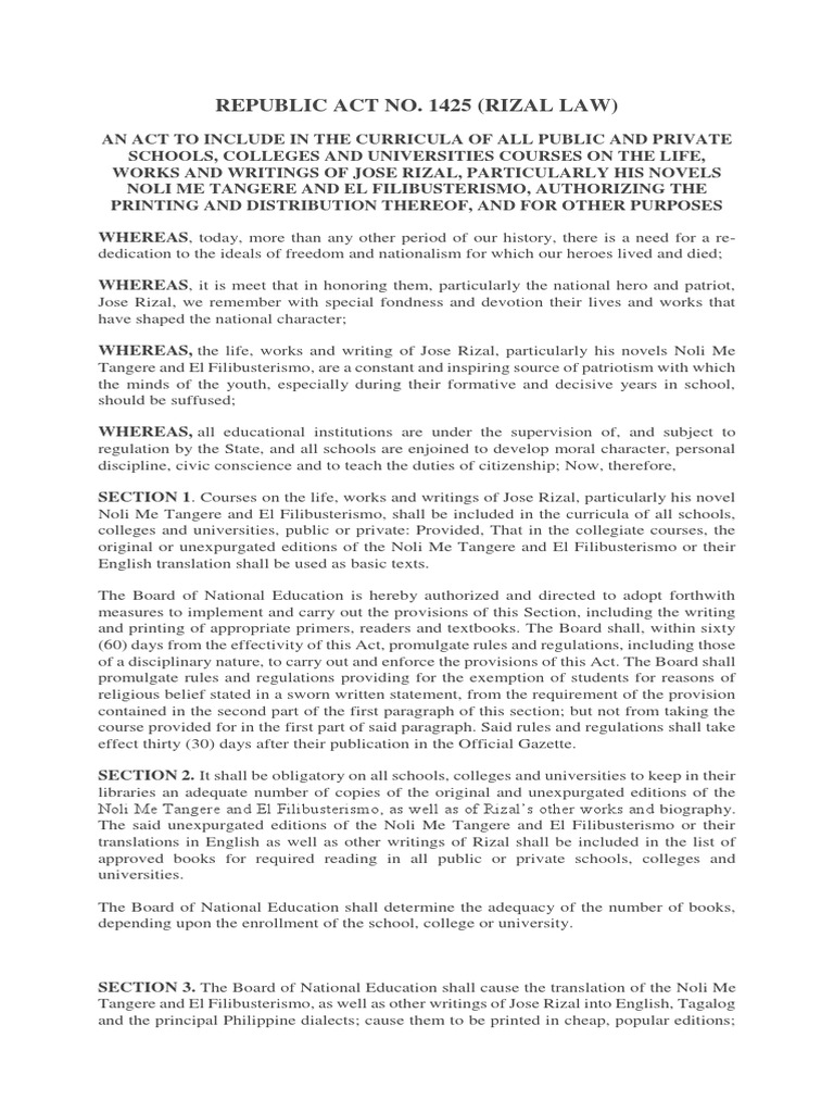Republic Act No. 1425 (Rizal Law) | PDF | Social Institutions | Social ...