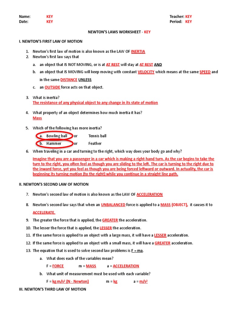 Newtons Laws Worksheet KEY PDF  Newton