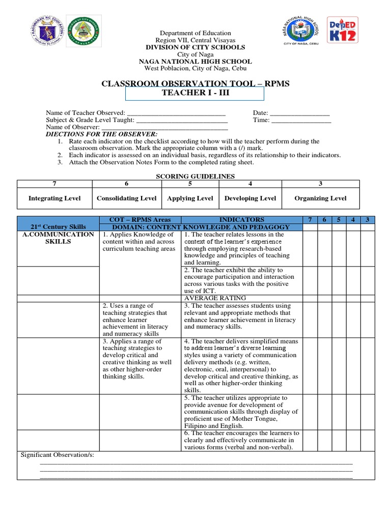 Classroom Observation Tool Form Docx Educational Assessment Learning