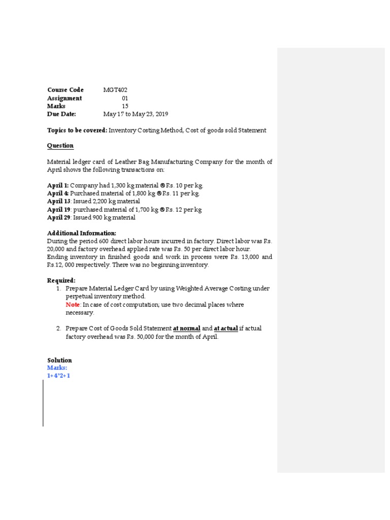 Cost Accounting Assignment Solution | PDF | Cost Of Goods Sold | Inventory