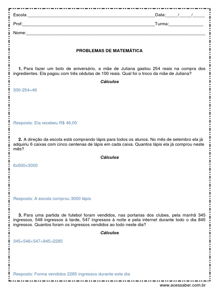 Problemas de Matemática 5º Ano | PDF | Lazer