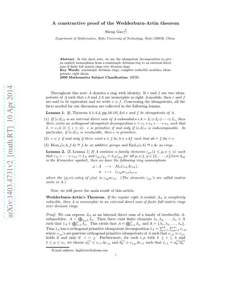 A Constructive Proof of The ArtinWedderburn Theorem PDF Ring