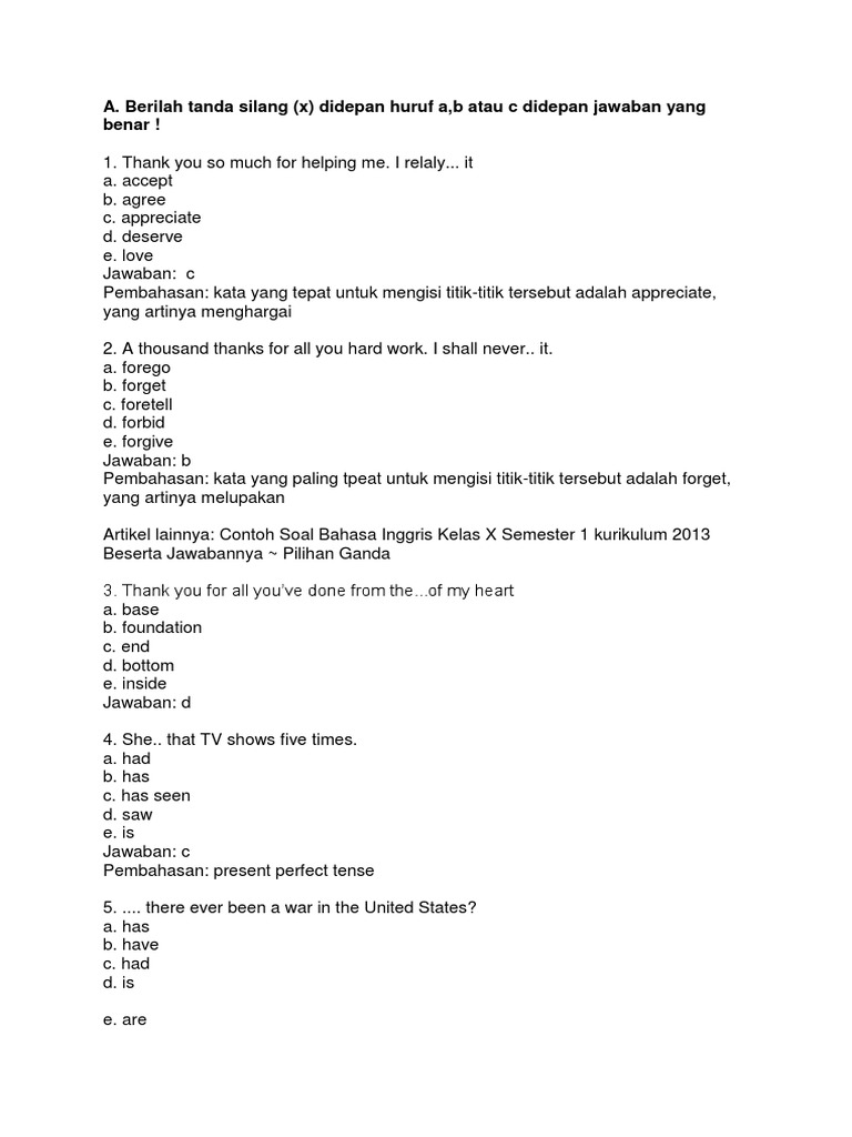 Contoh Soal Pilihan Ganda Present Perfect Tense Dan Jawabannya Contoh Soal Terbaru