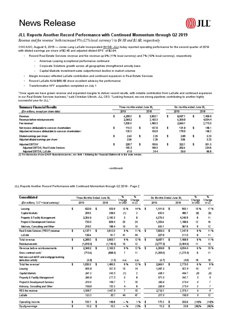 JLL Q2 2019 Earnings Release PDF Net Revenue