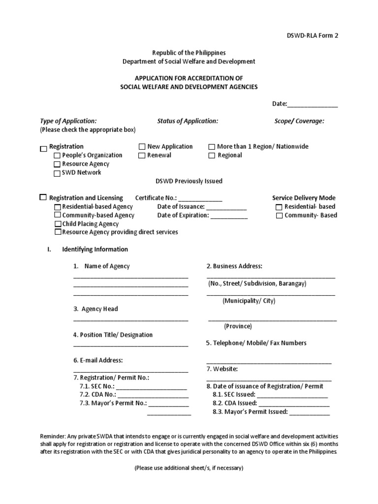 Application For Accreditation of Social Welfare and Development ...