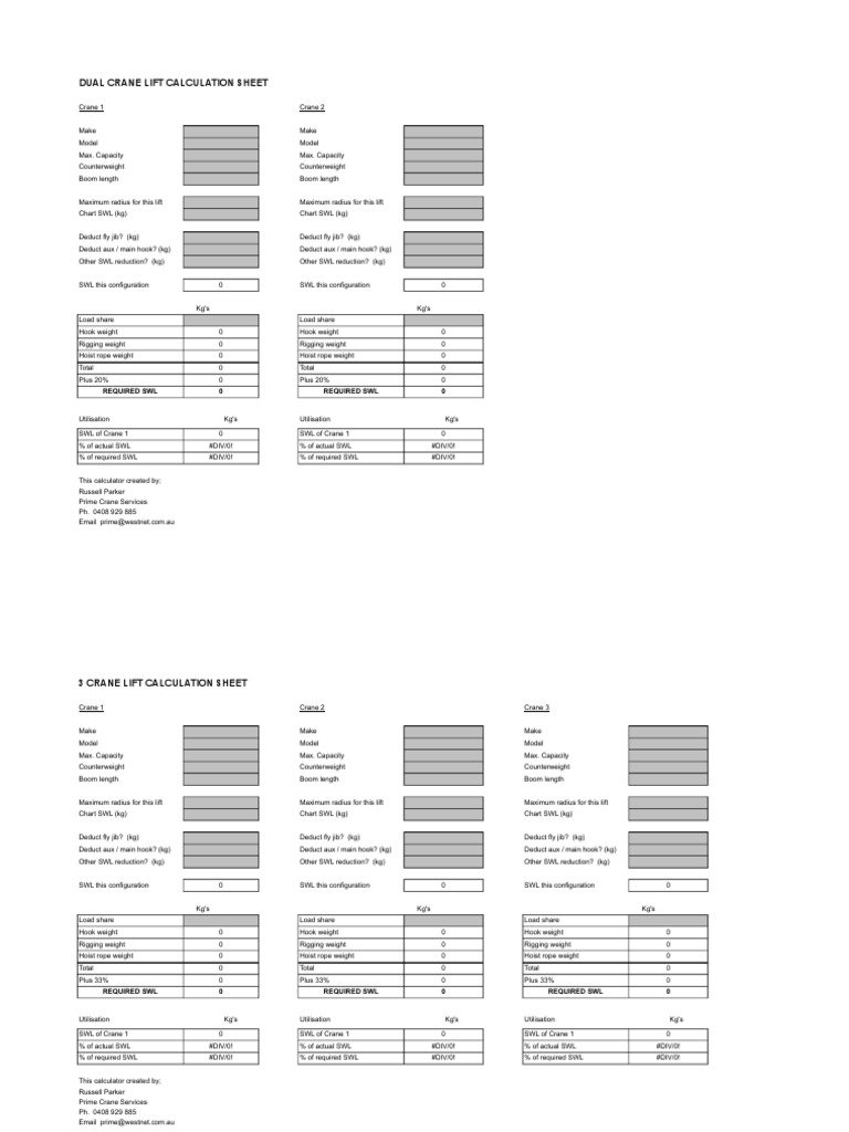 Dual Crane Lift Calculation Sheet Required Swl 0 Required Swl 0