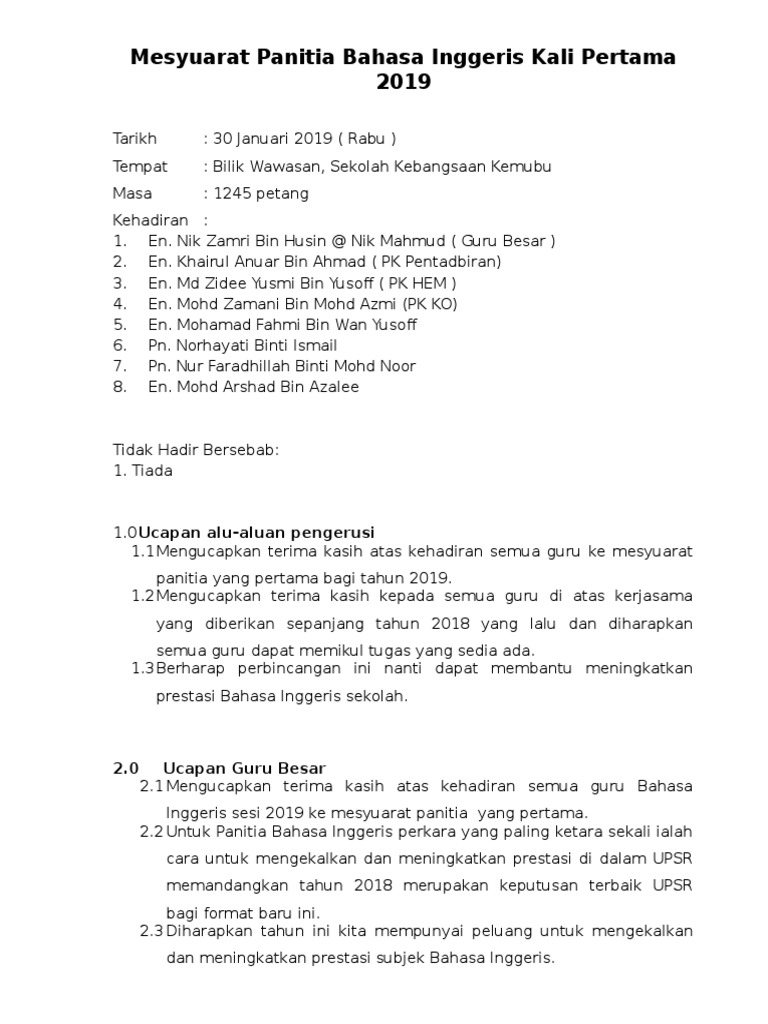 Mesyuarat Panitia Bahasa Inggeris Kali Pertama 2019 2 0 Ucapan Guru Besar
