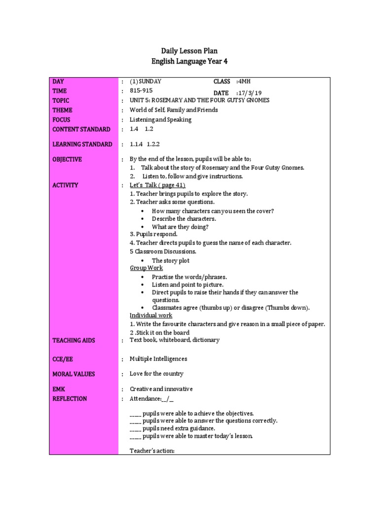 Daily Lesson Plan English Language Year 4 | PDF | Lesson Plan | Teachers