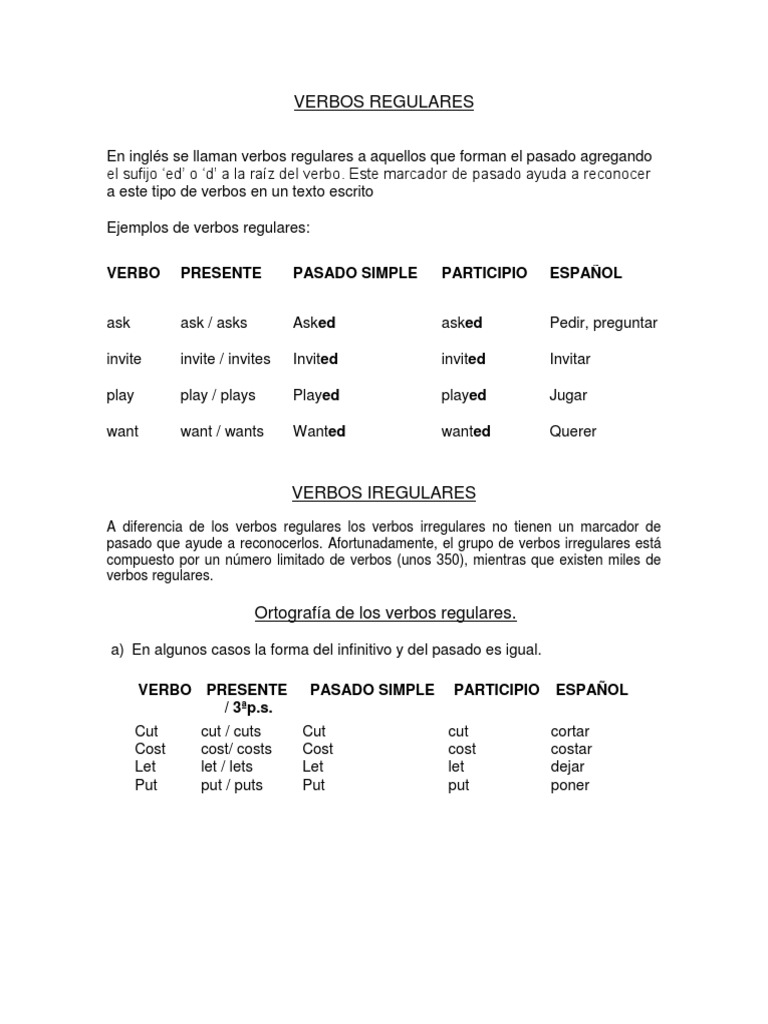 Verbos Regulares e Irregulares | PDF | Verbo | Mecánica del lenguaje